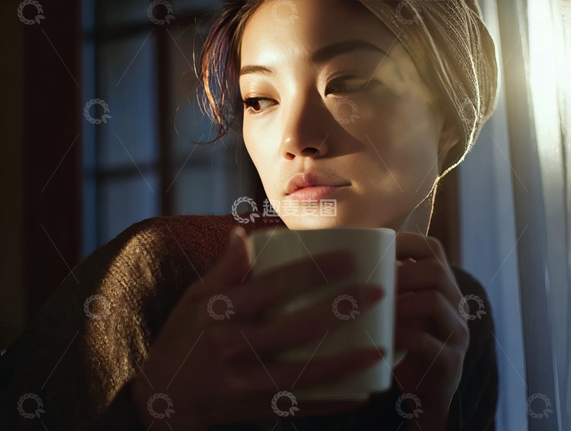 高清大图下载【趣麦麦图】女子在窗边手持杯子凝视，温暖光线映衬宁静氛围