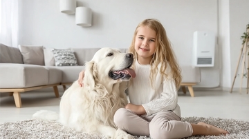 女孩与金毛犬在客厅地板上温馨互动