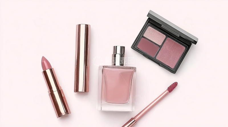 高清大图下载【趣麦麦图】粉色系化妆品套装展示包括口红粉饼和液体腮红