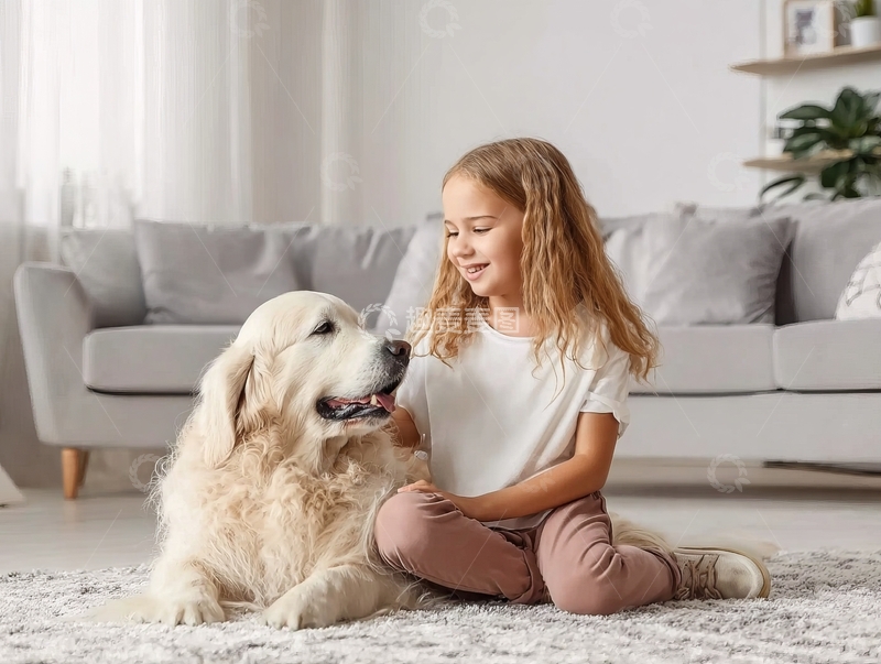 高清大图下载【趣麦麦图】小女孩与金毛犬在客厅地板上温馨互动
