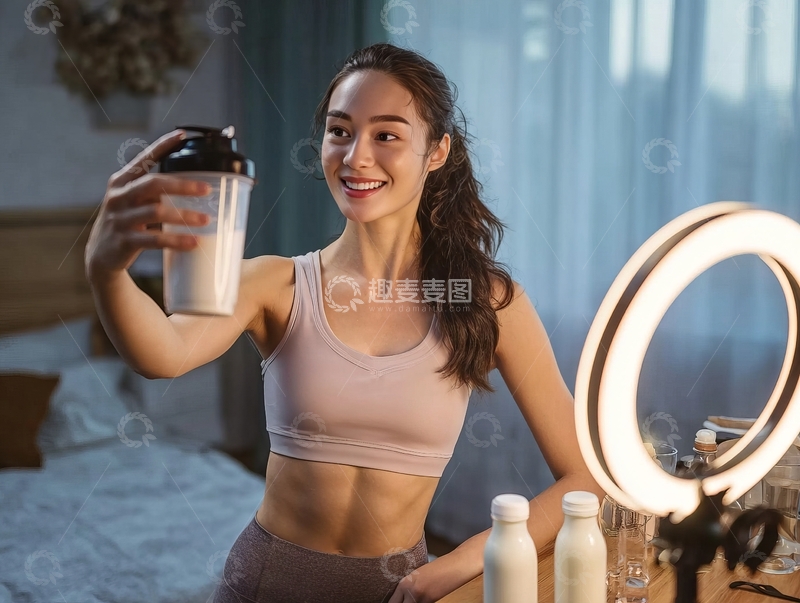 高清大图下载【趣麦麦图】健身女性手持蛋白粉摇杯自拍