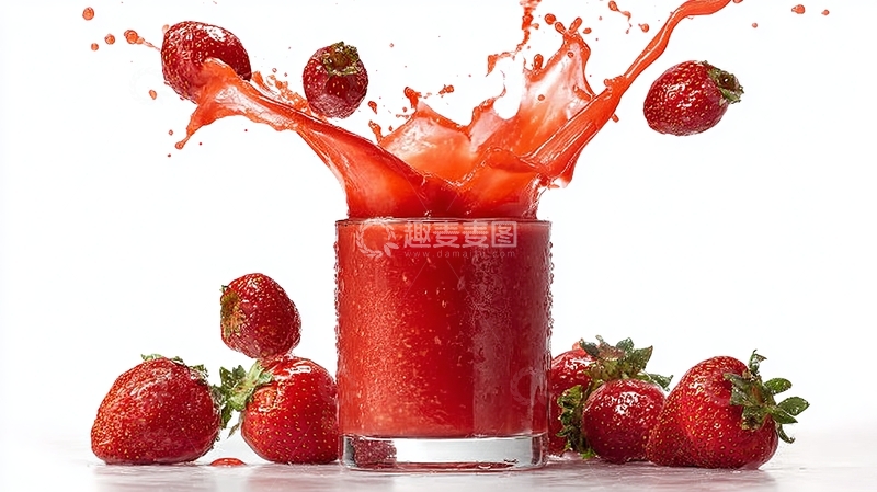 高清大图下载【趣麦麦图】新鲜草莓汁飞溅瞬间玻璃杯与草莓环绕