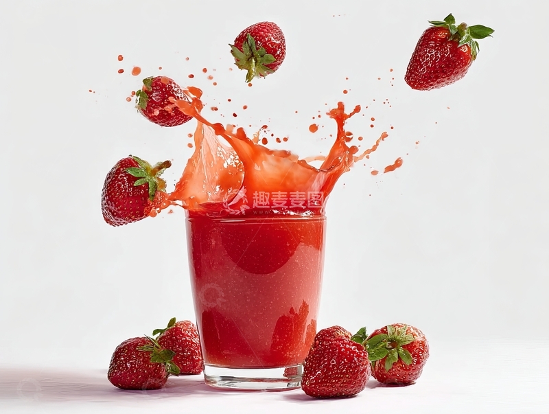 高清大图下载【趣麦麦图】新鲜草莓汁飞溅瞬间玻璃杯中