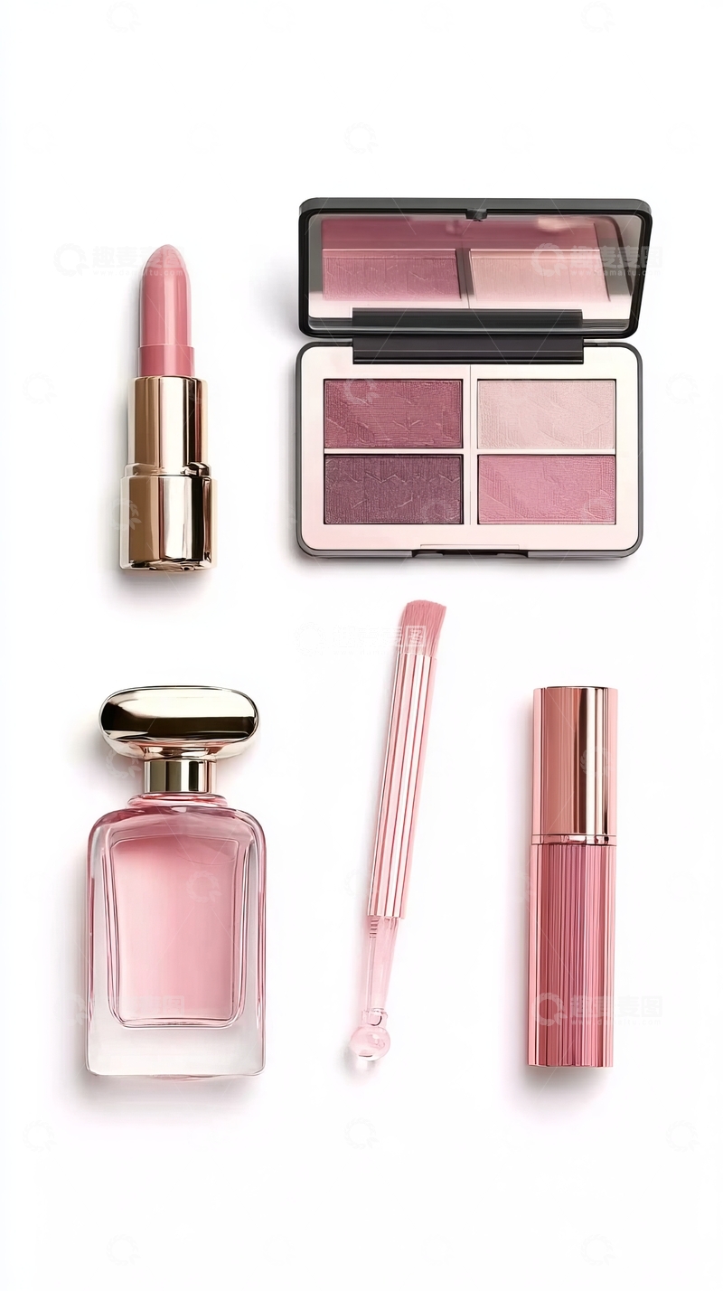 高清大图下载【趣麦麦图】一组粉色系化妆品包括口红、眼影盘和香水