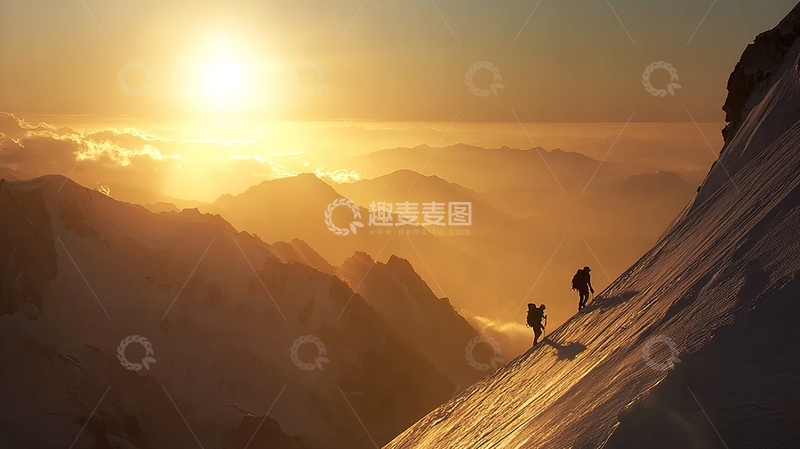 高清大图下载【趣麦麦图】登山者在日出时攀登雪山