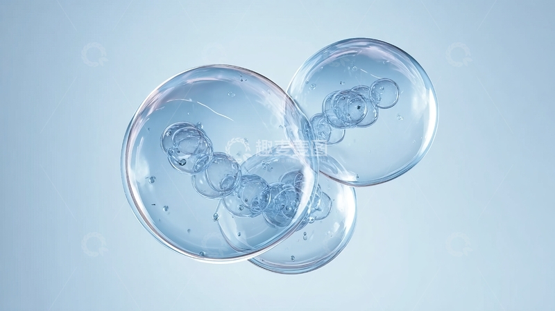 高清大图下载【趣麦麦图】透明液体球体悬浮于淡蓝色背景中