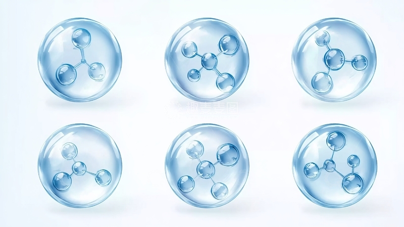 高清大图下载【趣麦麦图】六个蓝色透明分子结构球体排列展示