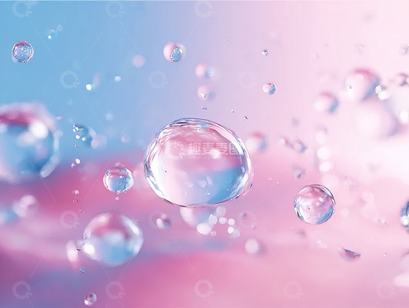 高清大图下载【趣麦麦图】粉色背景中漂浮的透明水珠微观特写