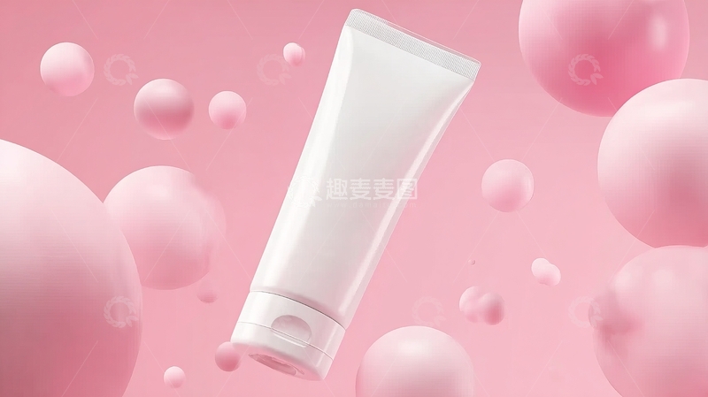 高清大图下载【趣麦麦图】粉色背景下的白色管状化妆品容器与气泡装饰