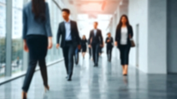 商务人士在现代化办公楼走廊中行走