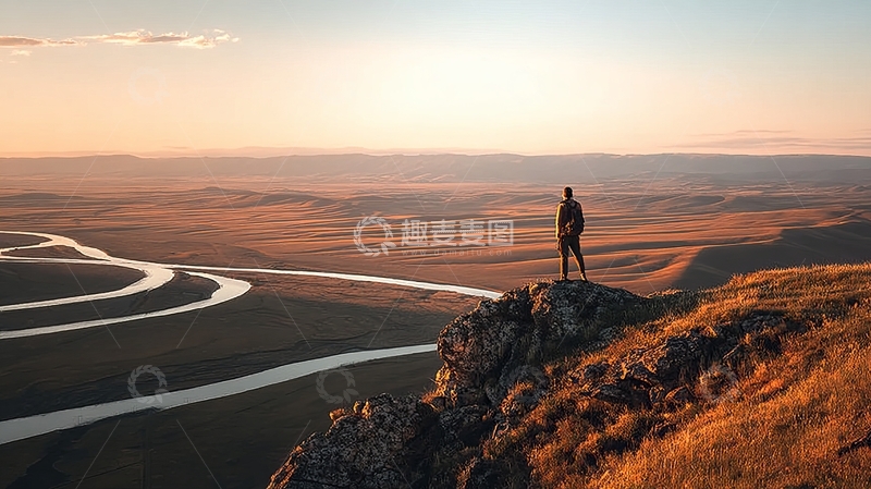 高清大图下载【趣麦麦图】一人站在山崖俯瞰蜿蜒道路