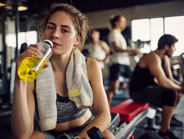 健身房内女子喝水休息身旁有其他健身者