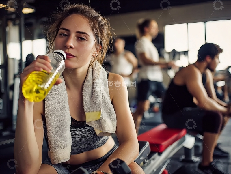 高清大图下载【趣麦麦图】健身房内女子喝水休息身旁有其他健身者
