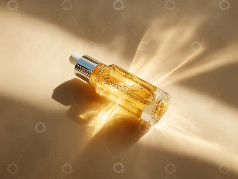 高清大图下载【趣麦麦图】金色光线照射下的透明玻璃瓶装液体