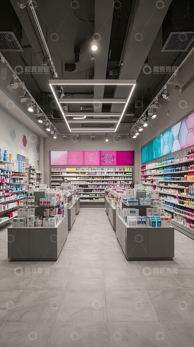 高清大图下载【趣麦麦图】现代化药店内部展示货架陈列整齐商品丰富