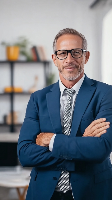 穿着蓝色西装的成熟男士双臂交叉站立