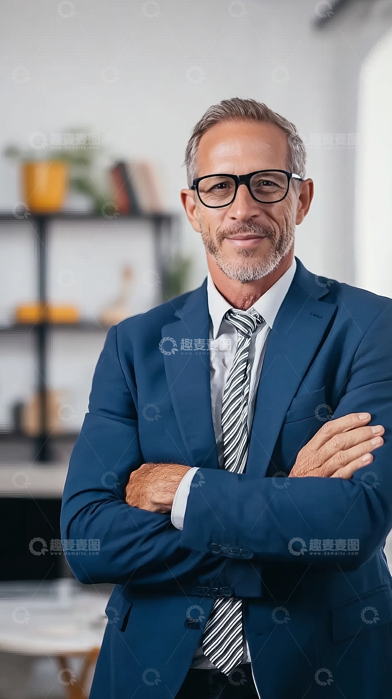 高清大图下载【趣麦麦图】-穿着蓝色西装的成熟男士双臂交叉站立