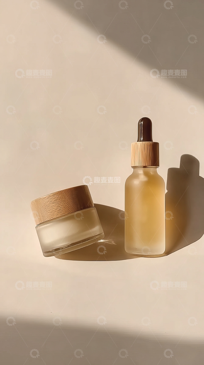 高清大图下载【趣麦麦图】两款护肤品在柔和光影下的静物展示