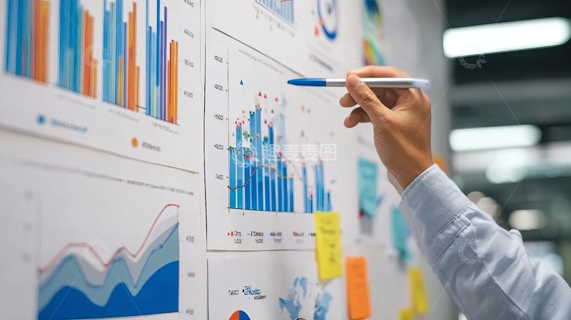高清大图下载【趣麦麦图】商务人士手持笔指向墙上的数据分析图表