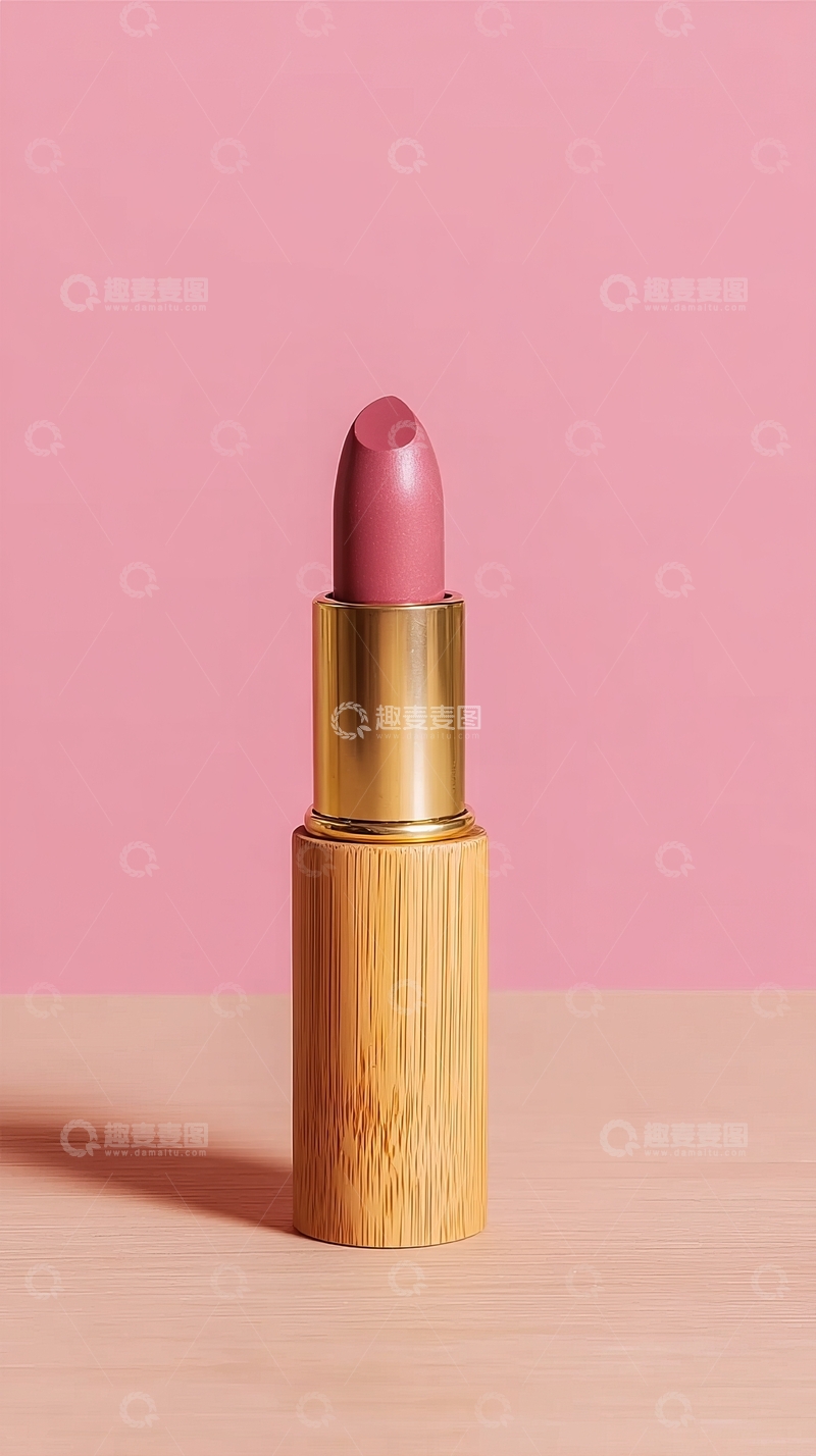 高清大图下载【趣麦麦图】一支粉色口红置于木质桌面上