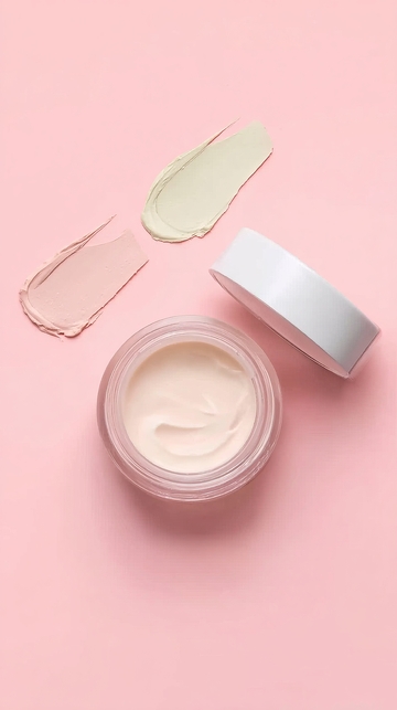 粉色背景上的护肤品展示包含打开的罐子和涂抹工具
