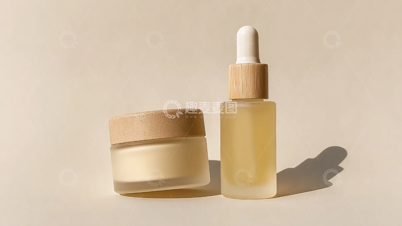 高清大图下载【趣麦麦图】护肤品套装展示：玻璃瓶与罐子置于柔和光线下