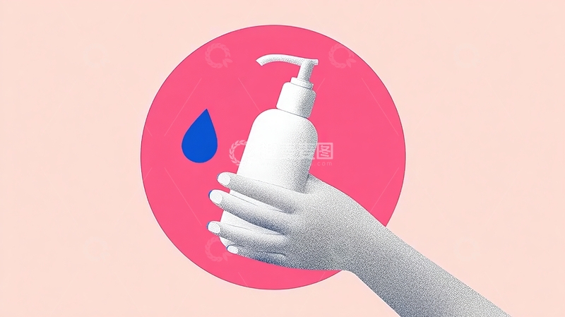 高清大图下载【趣麦麦图】手持白色按压瓶背景为粉色圆形图案