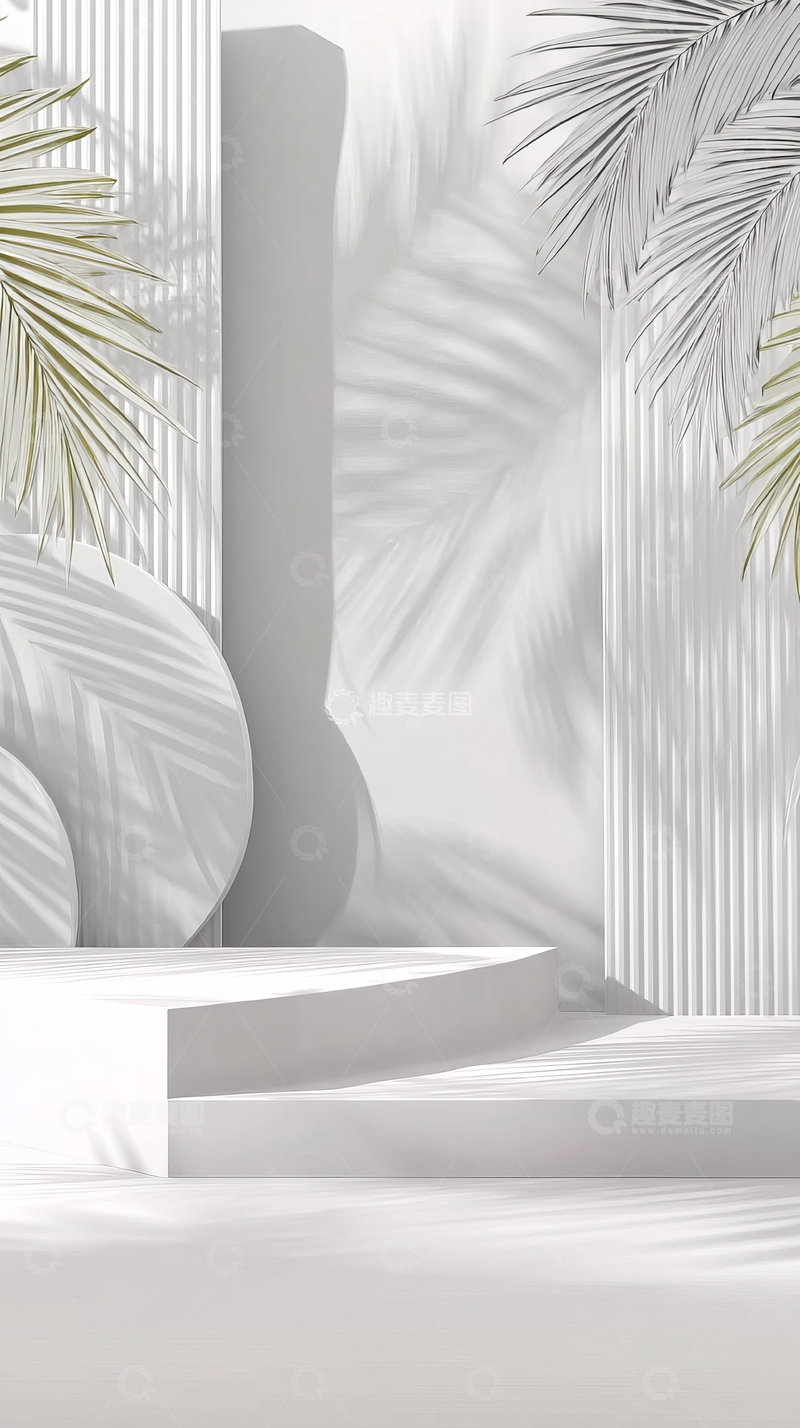 高清大图下载【趣麦麦图】现代简约风格的白色建筑与棕榈叶光影装饰