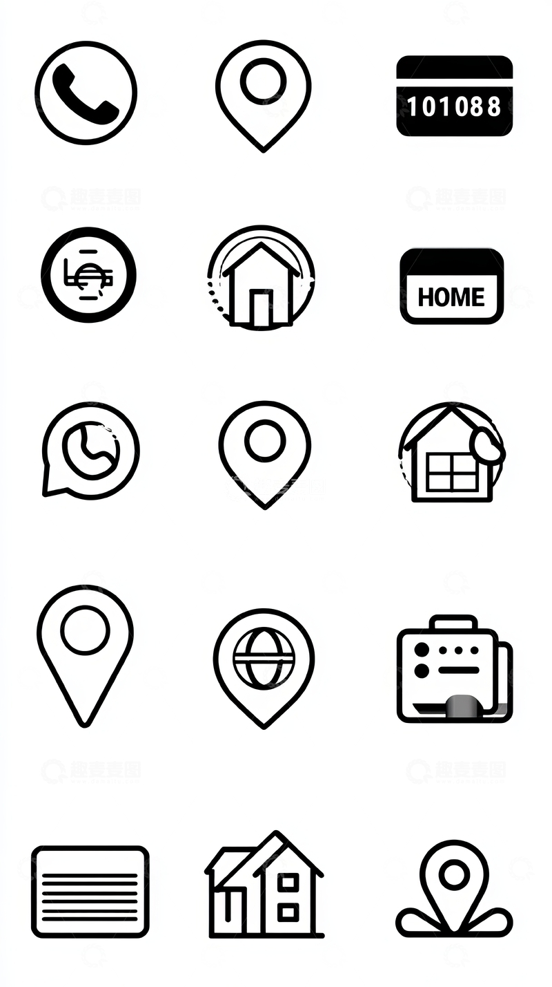 高清大图下载【趣麦麦图】一组包含电话、定位、房屋和信息图标的集合