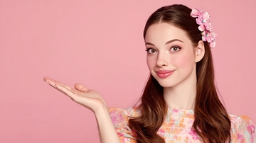 粉色背景前佩戴花朵发饰的女性展示手部