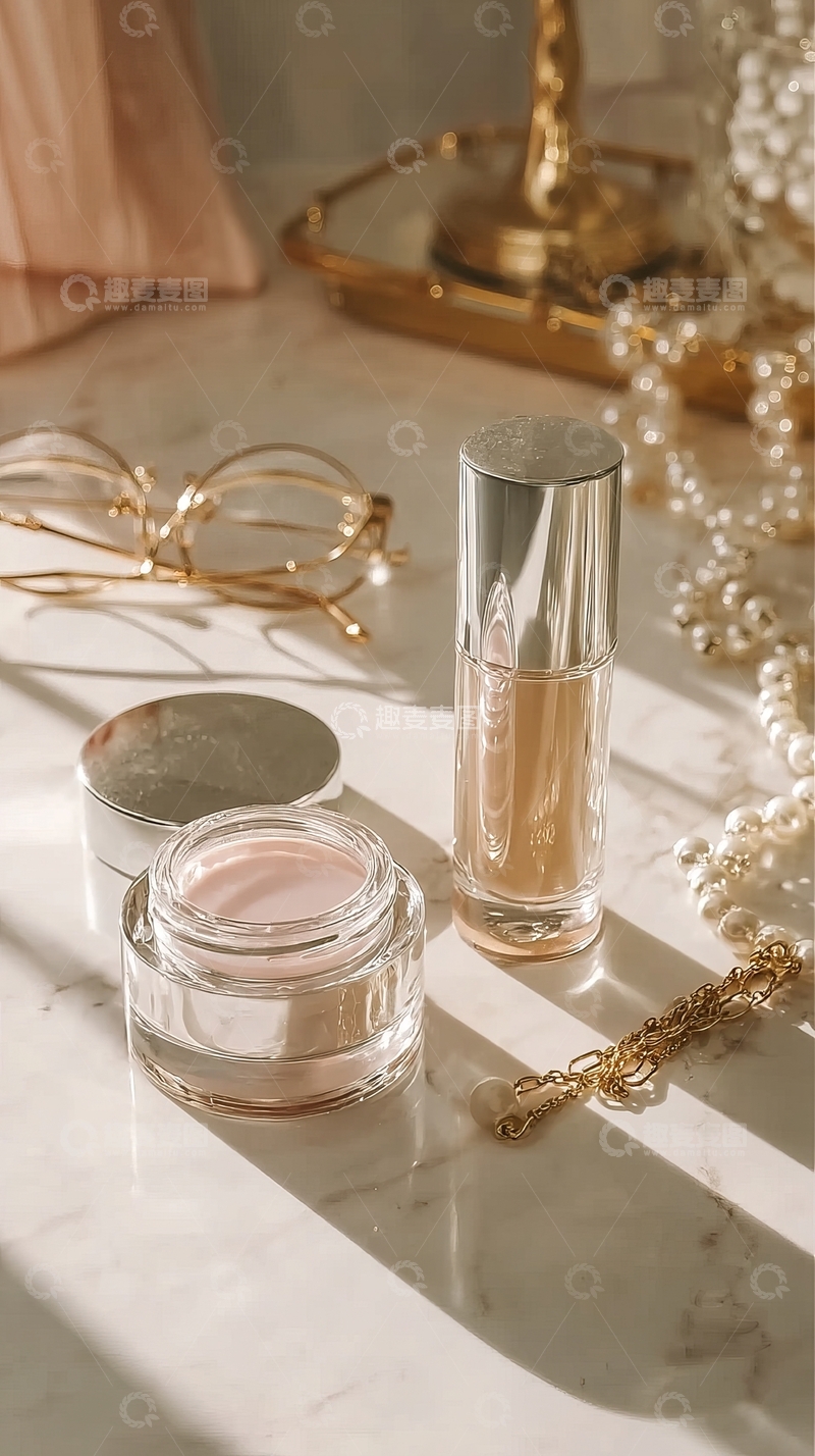 高清大图下载【趣麦麦图】化妆品与珠宝饰品在大理石台面上的优雅静物