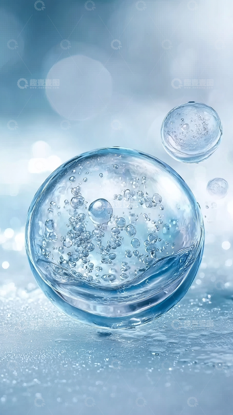 高清大图下载【趣麦麦图】蓝色背景下的透明气泡内含晶莹颗粒