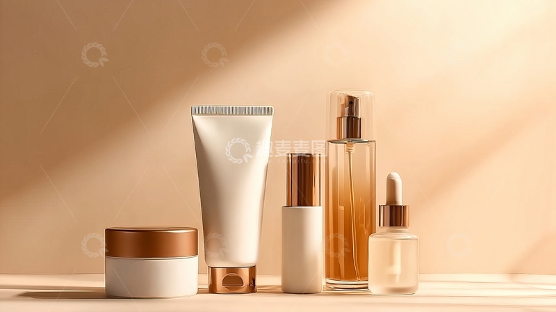 高清大图下载【趣麦麦图】一组化妆品瓶罐在柔和光线下展示