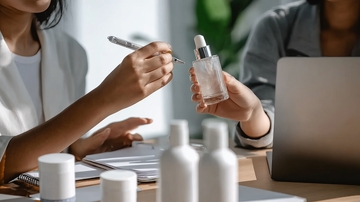 两人在桌前分析化妆品瓶装液体与笔记本记录