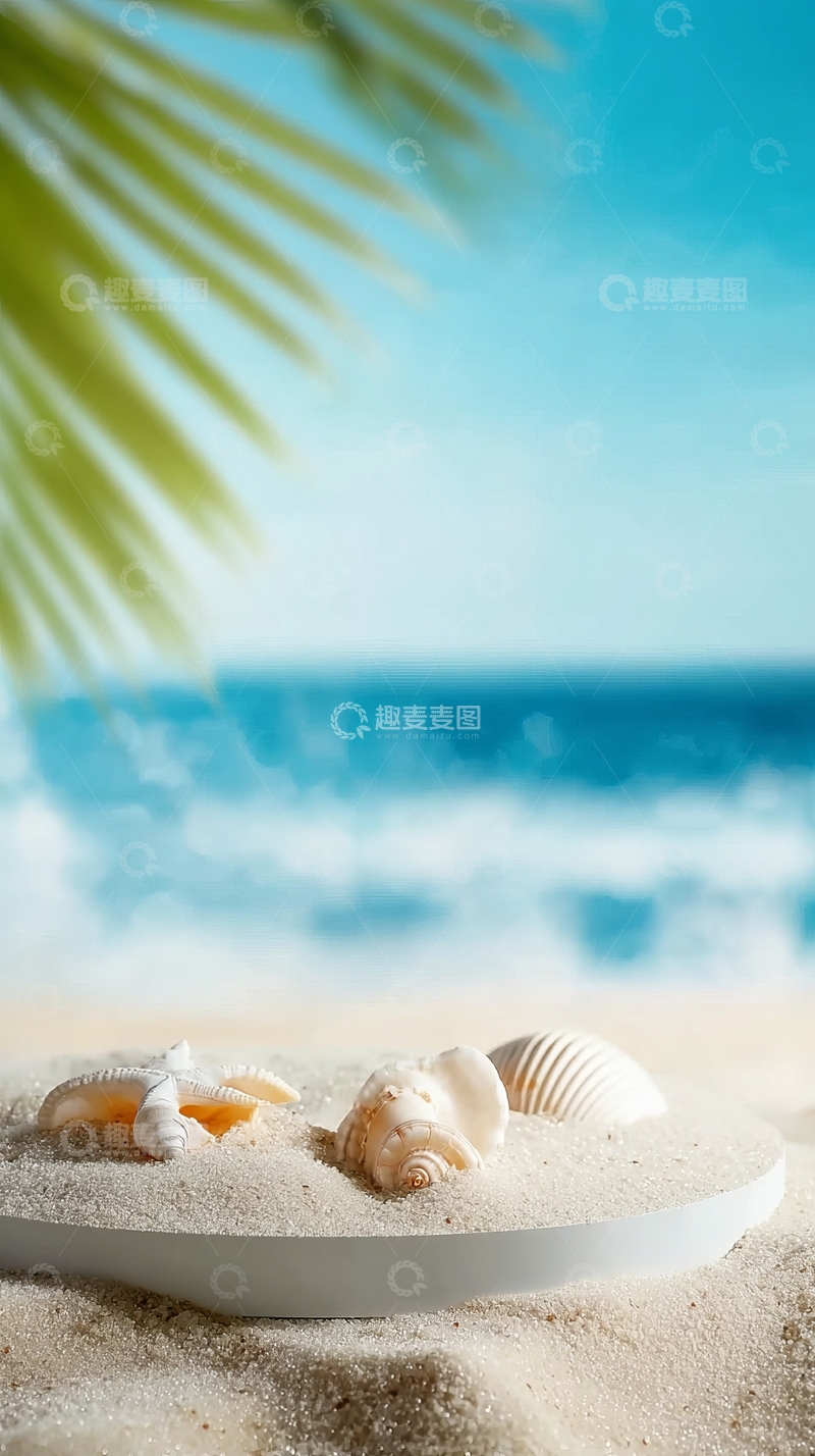 高清大图下载【趣麦麦图】沙滩上的贝壳与棕榈叶构成的热带海滩静景
