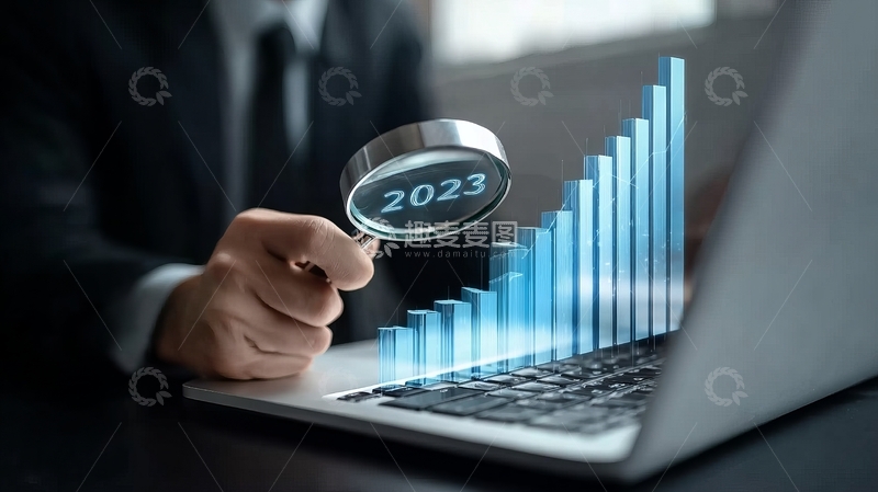 高清大图下载【趣麦麦图】商务人士手持放大镜观察2023年增长图表