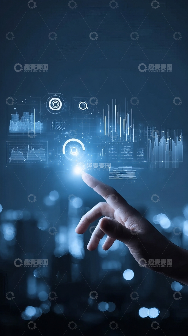 高清大图下载【趣麦麦图】手指触碰虚拟界面显示科技数据图表