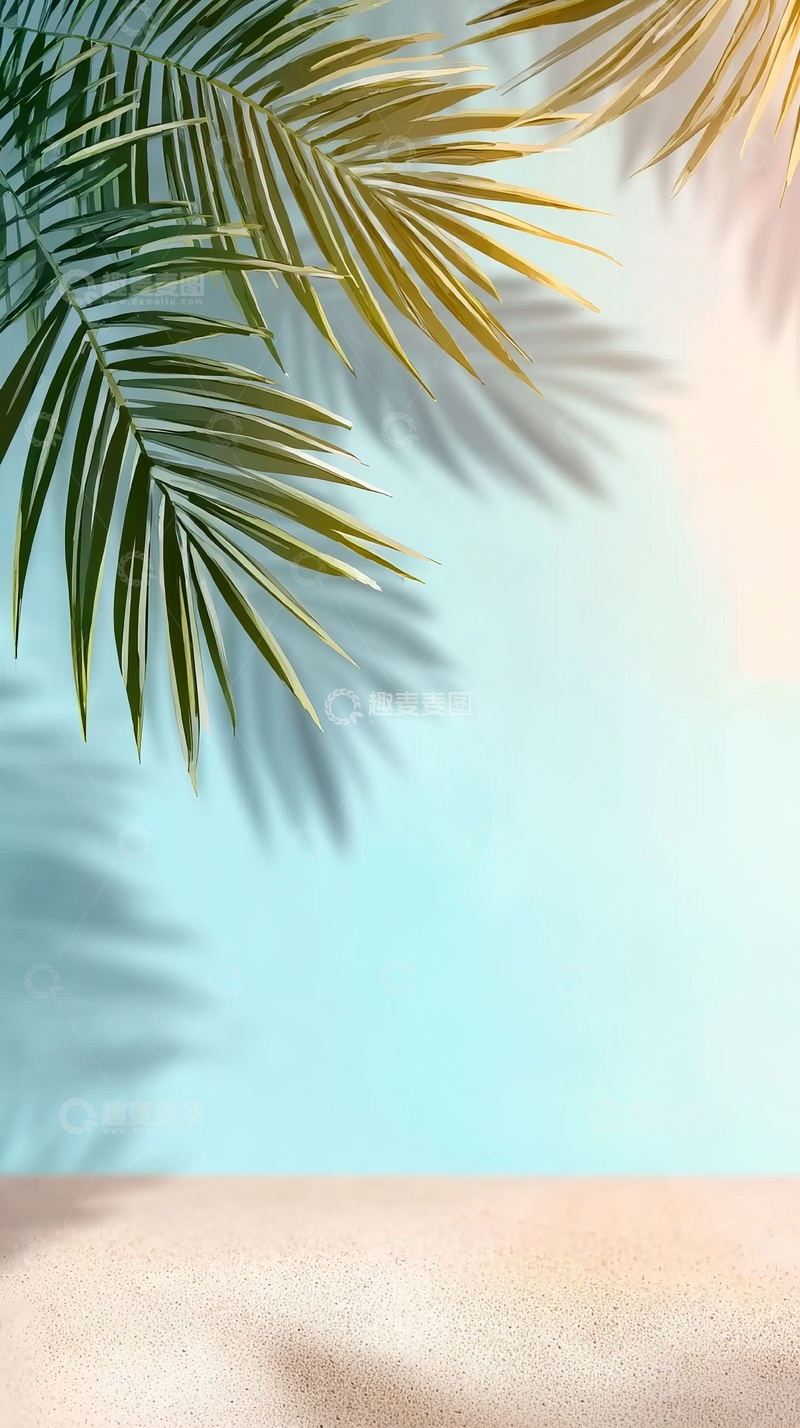 高清大图下载【趣麦麦图】热带棕榈叶在柔和蓝光下的光影特写