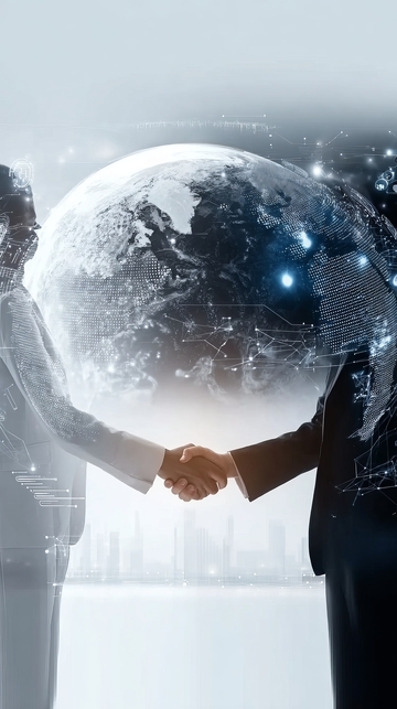 商务人士握手地球背景象征全球合作与科技连接