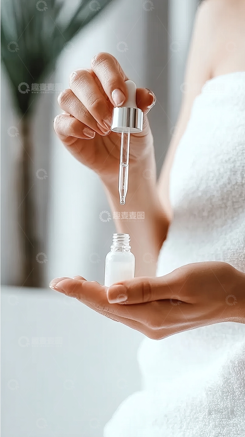 高清大图下载【趣麦麦图】女性手持滴管瓶轻取精华液