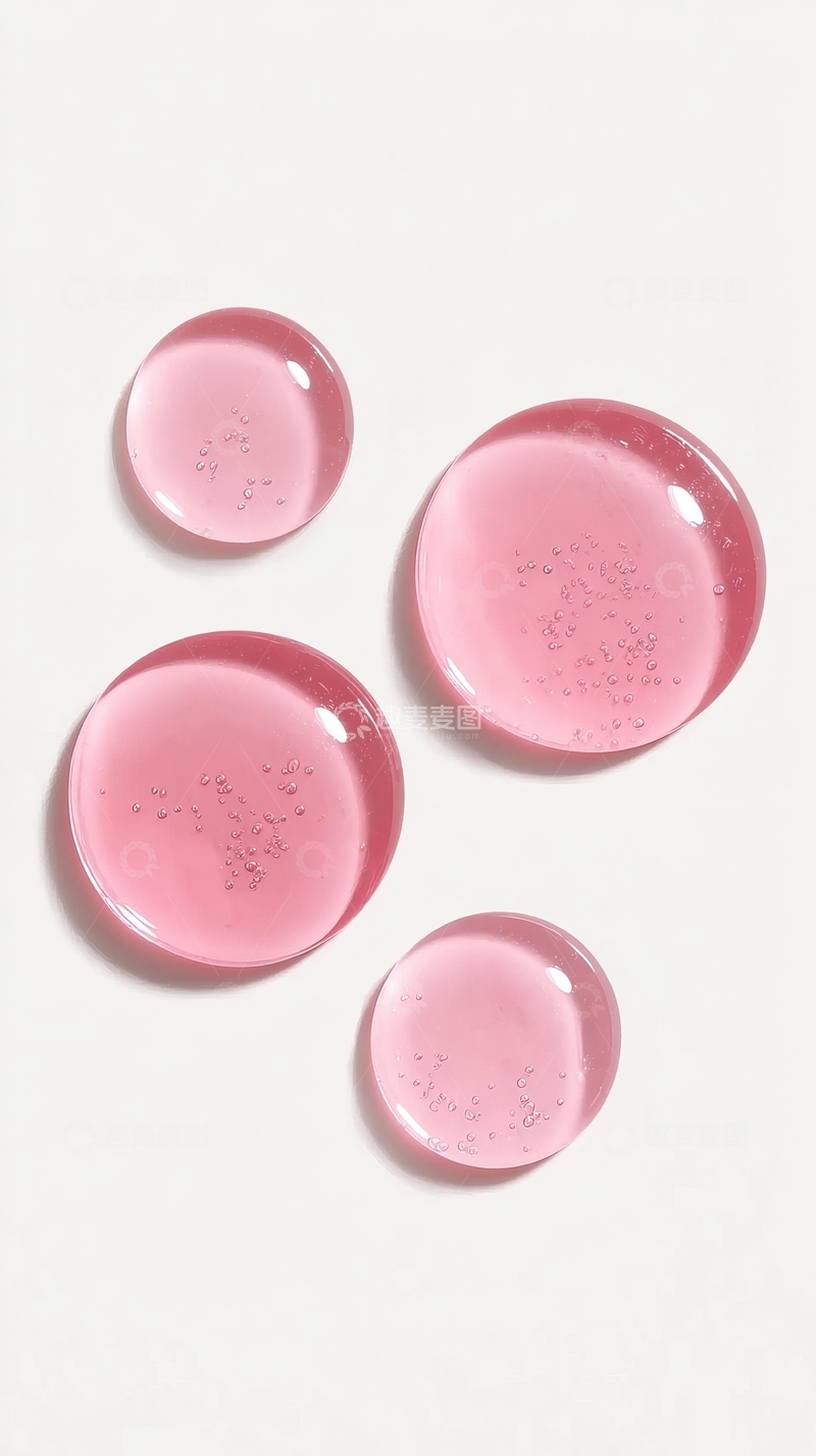 高清大图下载【趣麦麦图】四个粉色透明圆形物体在白色背景上排列