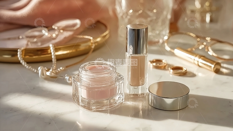 高清大图下载【趣麦麦图】化妆品与珠宝饰品在大理石台面上的优雅静物