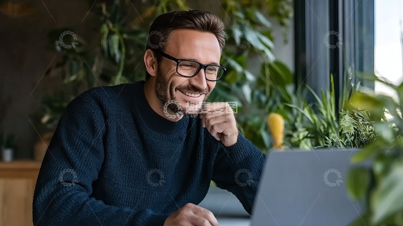 高清大图下载【趣麦麦图】戴眼镜的男子在绿植环绕的室内使用笔记本电脑微笑