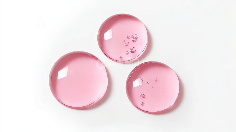 高清大图下载【趣麦麦图】三颗粉色透明凝胶状物体置于白色背景上