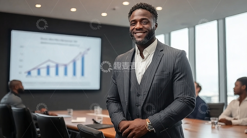 高清大图下载【趣麦麦图】商务会议室内一名西装男子站立于图表前