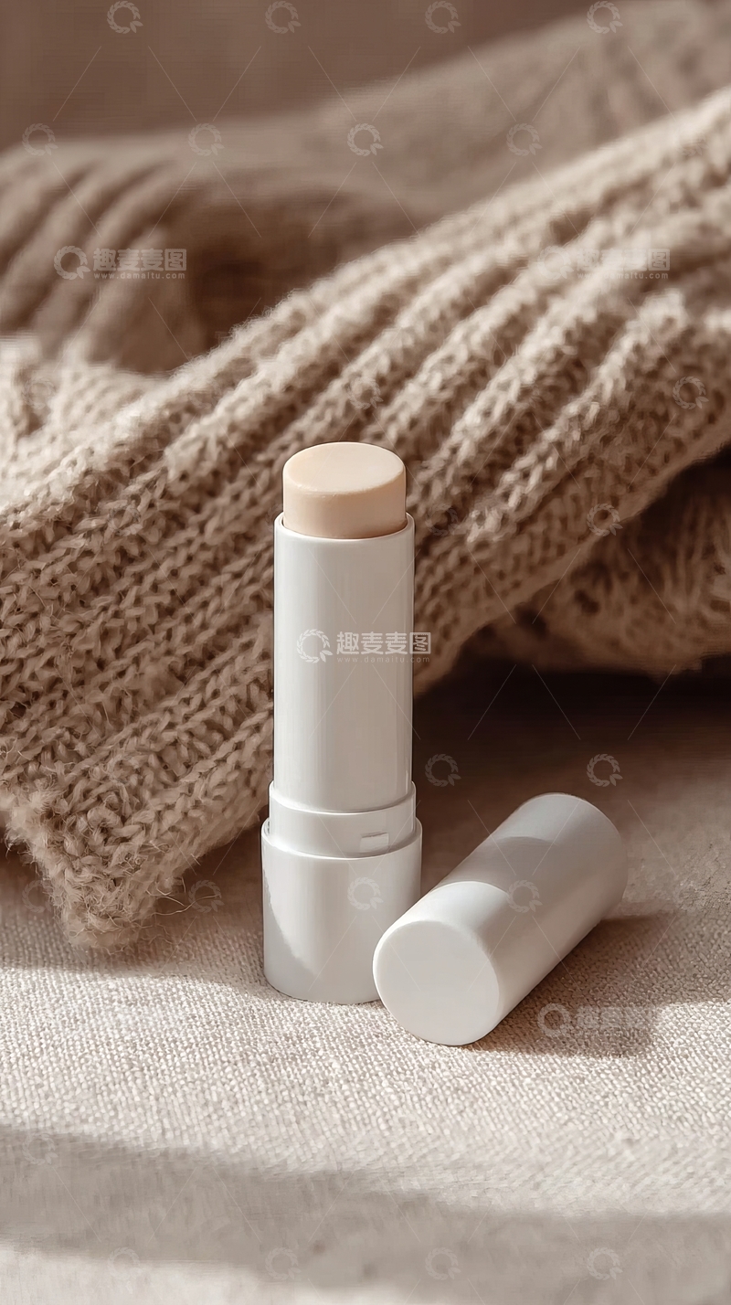 高清大图下载【趣麦麦图】白色管状化妆品置于针织毛衣背景之上