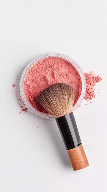 粉色腮红与化妆刷静置于白色背景之上