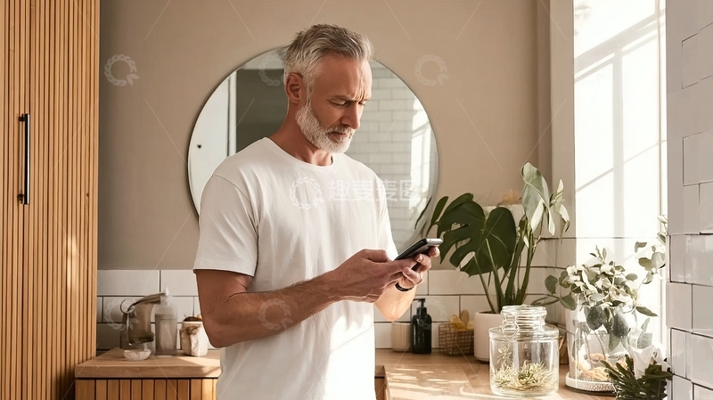 高清大图下载【趣麦麦图】-成熟男士在明亮厨房中专注使用手机