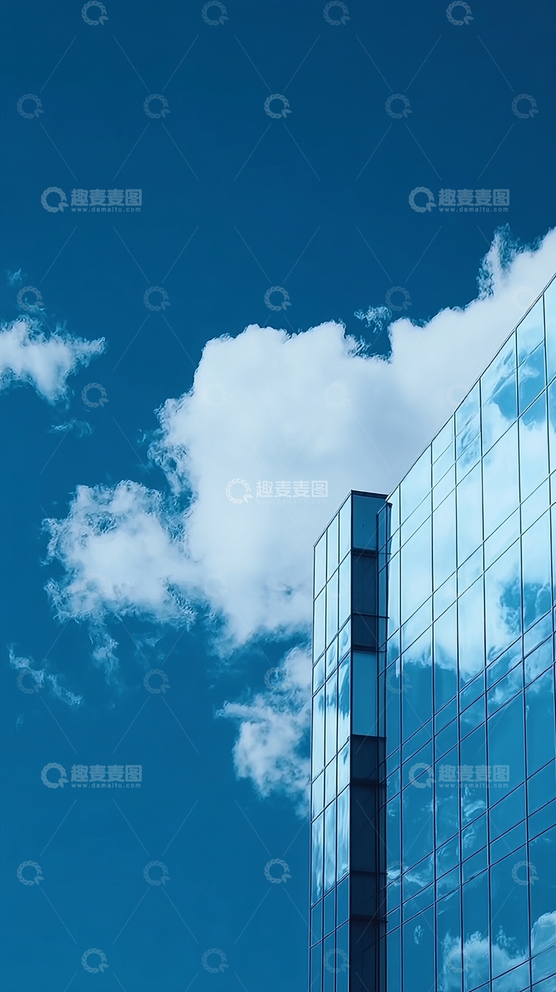 高清大图下载【趣麦麦图】现代玻璃建筑与蓝天白云的简洁构图