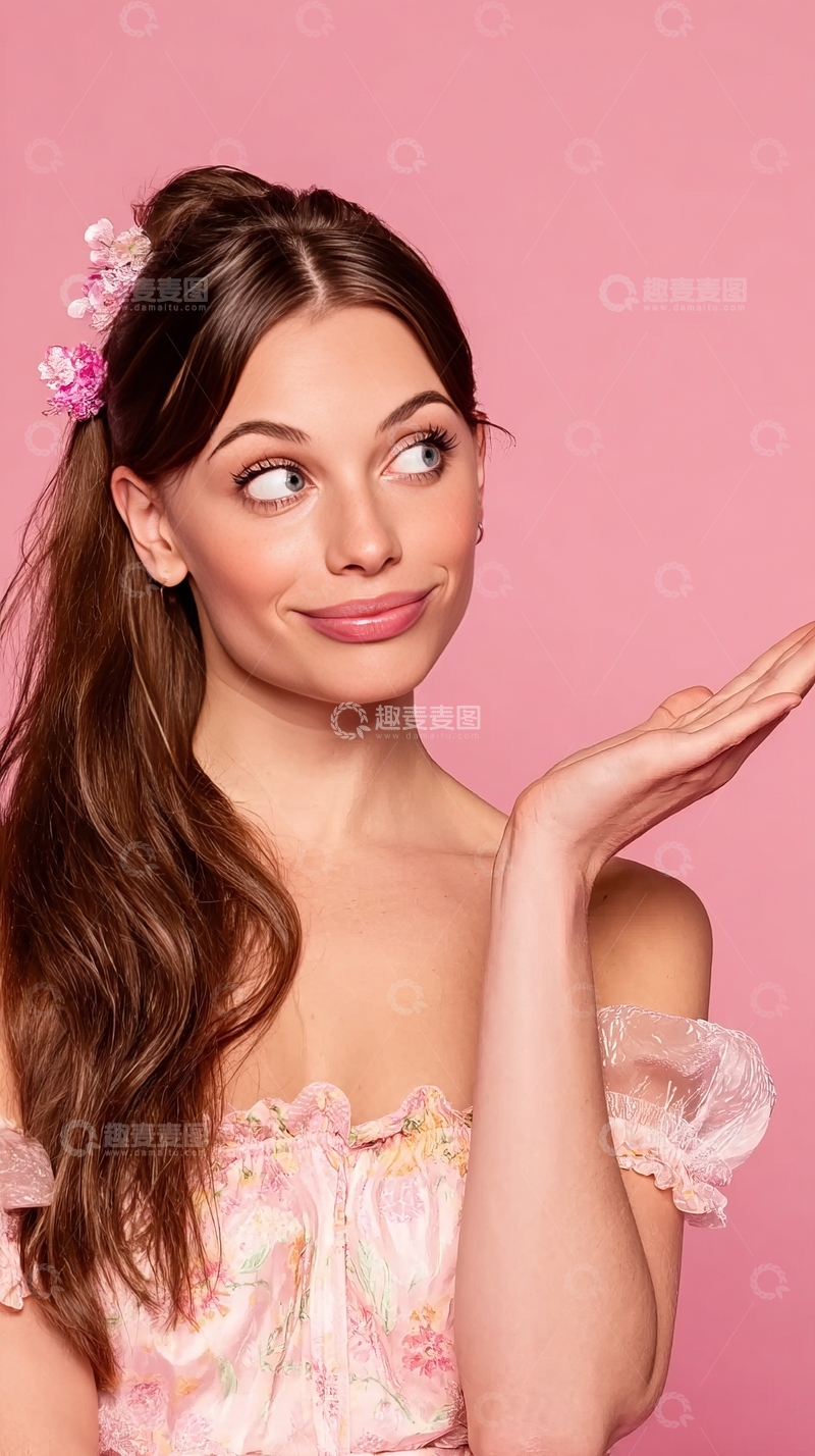 高清大图下载【趣麦麦图】粉色背景前微笑展示手部的女性